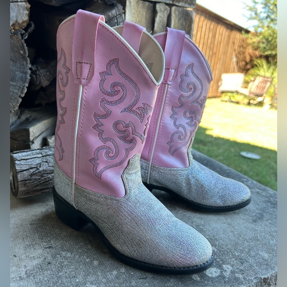 Old West Pink and silver glitter cowboy western kids Boots Sz-1. A